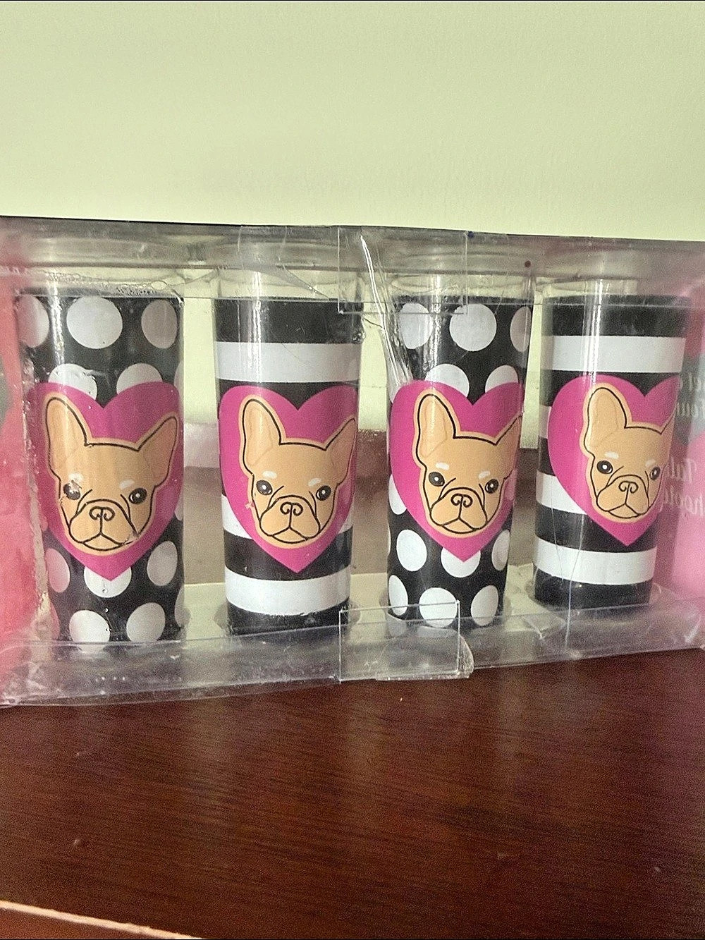 Set of 4 Tall Shooter Glasses French Bulldog Black & Pink